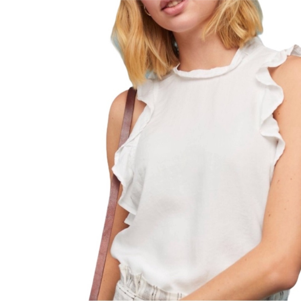 Anthropologie Cloth & Stone Ruffle Trim Top White Sleeveless Blouse Size L